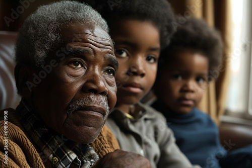 African American grandfather with grandsons at home, joyful bonding, happy family moments © Pavel