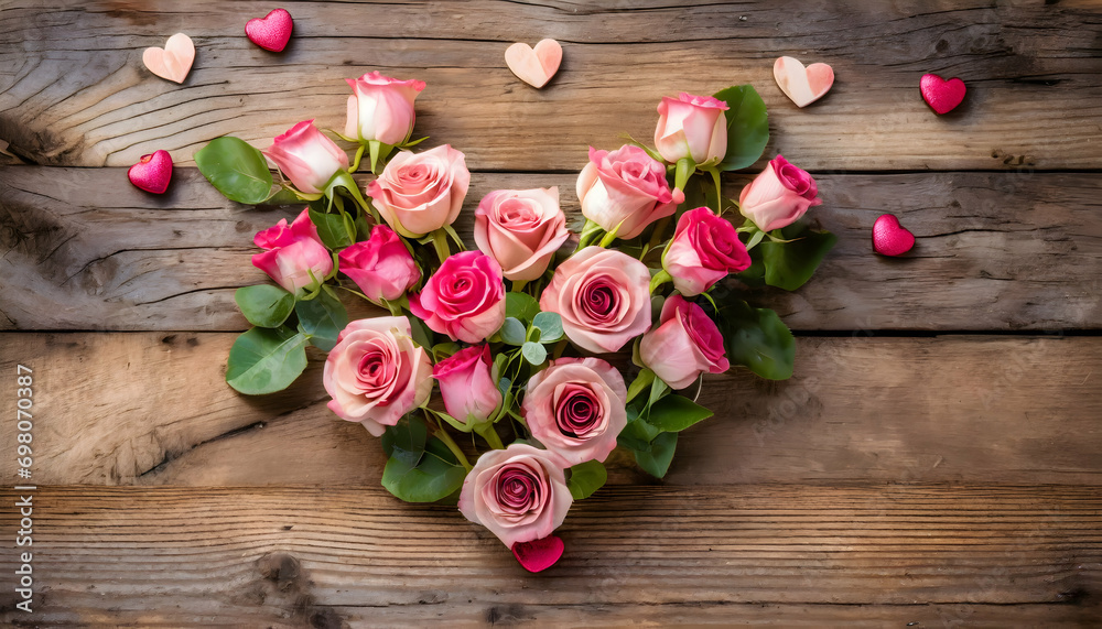 a heartwarming scene with a heart-shaped arrangement of roses on a wooden table, providing a charming backdrop for a Valentine's Day celebration, with ample copy space