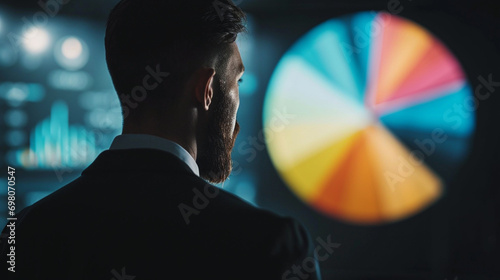 A businessman viewing a 3D pie chart displaying portfolio diversification