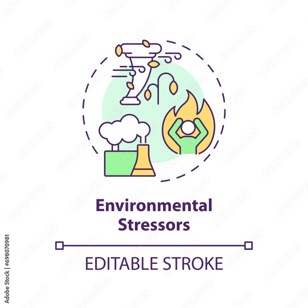 2D editable multicolor environmental stressors icon, simple isolated vector, thin line illustration representing environmental psychology.