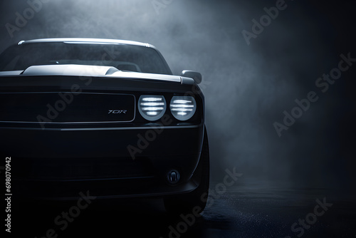 front view of a modern car with  lights on in a black space with fog photo