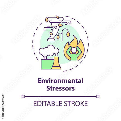 2D editable multicolor environmental stressors icon, simple isolated vector, thin line illustration representing environmental psychology.