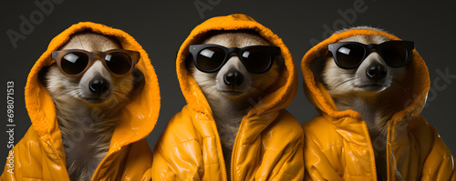 meerkats wearing sunglasses and hoodies