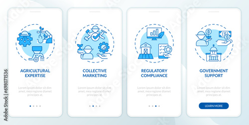 2D icons representing competences and capabilities within agri-food clusters mobile app screen set. Walkthrough 4 steps blue graphic instructions with linear icons concept, UI, UX, GUI template.