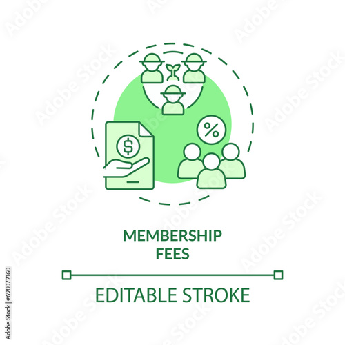 2D editable green membership fees icon, monochromatic isolated vector, thin line illustration representing agricultural clusters.