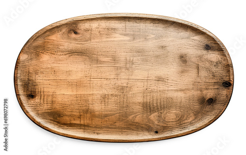 Wooden tray isolated on transparent background, top view. Close up of an empty wooden sign. Mockup for design, png, top view.