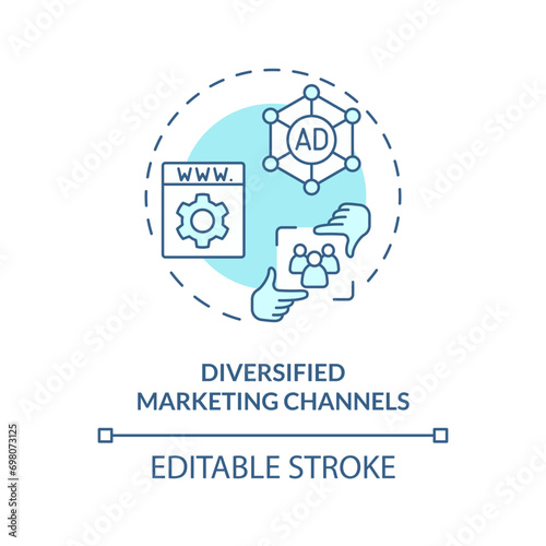 2D editable blue diversified marketing channels icon, monochromatic isolated vector, thin line illustration representing agricultural clusters.