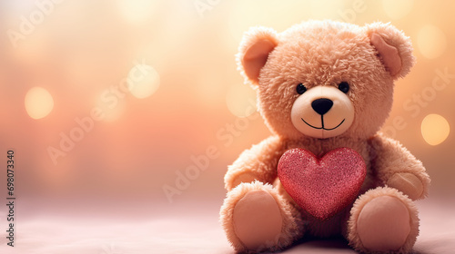Close-up of a teddy bear with a heart-shaped  against a soft, blurred background Ai Generative © SK