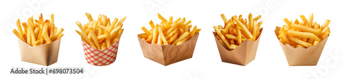 Collection of french fries in a paper box isolated on a transparent background