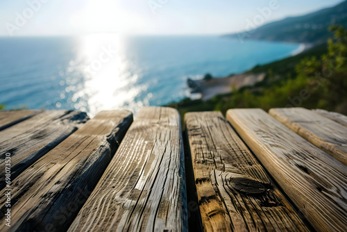a rustic wooden deck  over sea in moutains © Lin_Studio