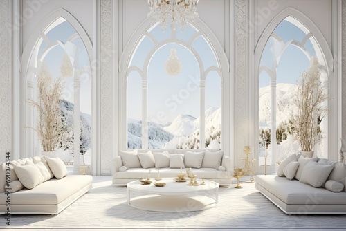 Luxurious Winter Resort Lounge with Mountain View