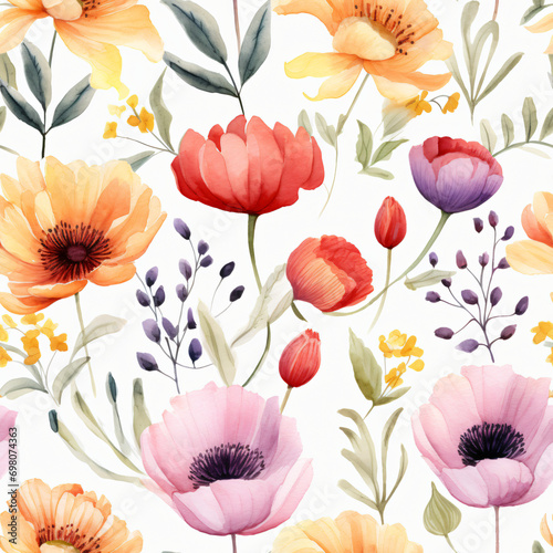 Seamless pattern of Asian flowers  watercolor  Wrapping paper pattern