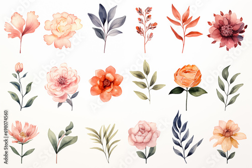 Watercolor paintings various types of Asian flowers on a white paper background.