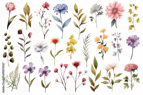 Watercolor paintings various types of Asian flowers on a white paper background.