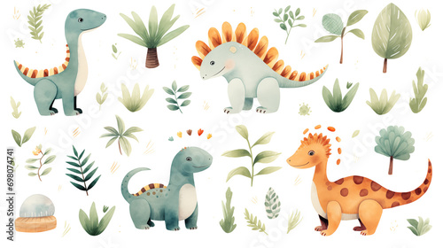 Watercolor cute Dino set with trees, plants, and other elements on a white background. © Old Man Stocker
