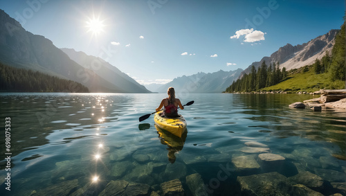 Young woman kayaking in the picturesque lake. Generative Ai photo