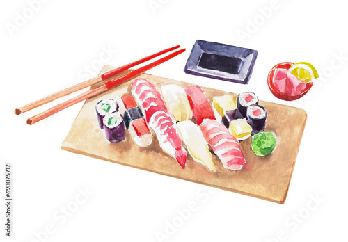 Watercolor hand drawn set of sushi and rolls, isolated on white background. Japanese cuisine, salmon, wasabi. Asian food
