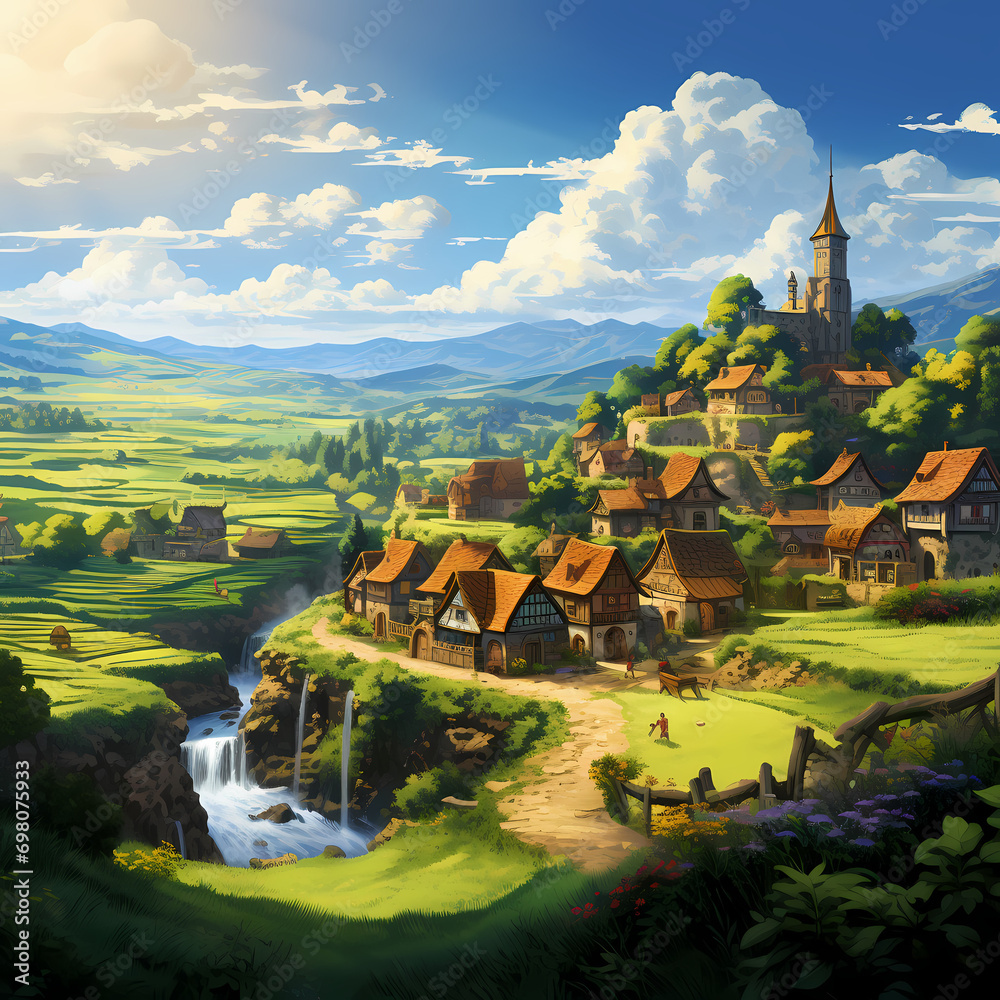 A charming village nestled between rolling hills and meadows.