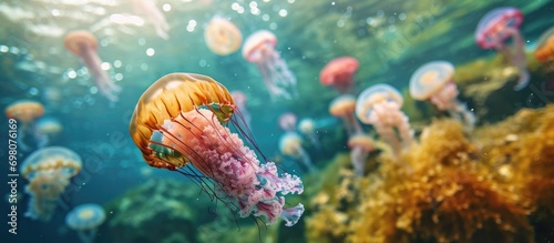 Colorful jellyfish swim in the Mediterranean Sea. © AkuAku