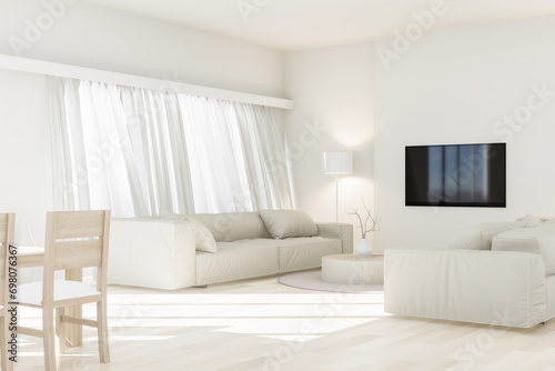 Modern living room decorated in a minimalist style with all white 3d render