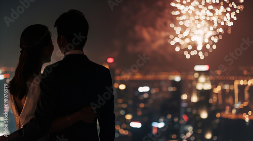 Couple of lovers on top of building watching mesmerizing fireworks at night above a city landscape