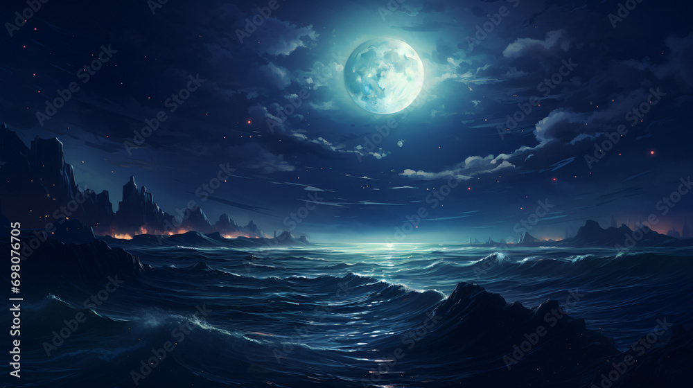 Enchanted ocean under the moon digital art illustration
