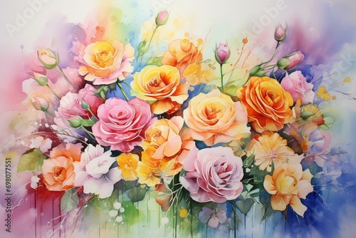 Vibrant watercolor painting of mixed roses and wildflowers. Generative AI