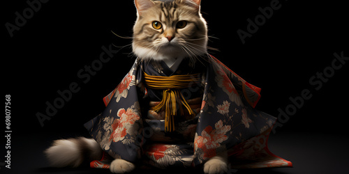 A cat wearing a Chinese costume is standing on a table and black background Cat Adorned in Chinese Outfit Amidst Stylish Setting AI Generative 