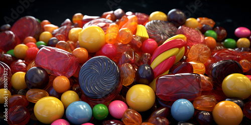   Colorful candies and sweets vivid background Many colorful glossy candies Jelly Belly’s new flavors candies on dark background AI Generative   photo