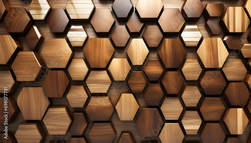 Fototapeta Naklejka Na Ścianę i Meble -  Abstract wooden glossy mosaic wall texture in grunge deco style with geometric shapes, Wood background for design,