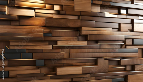 Abstract wooden glossy mosaic wall texture in grunge deco style with geometric shapes  Wood background for design 