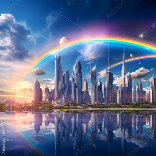 Futuristic cityscape with holographic rainbows arcing above the skyline.