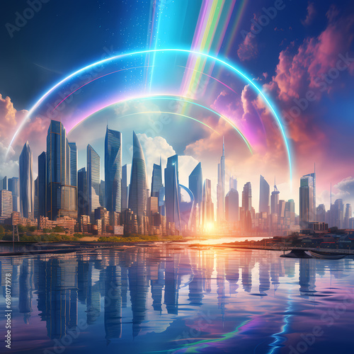 Futuristic cityscape with holographic rainbows arcing above the skyline.