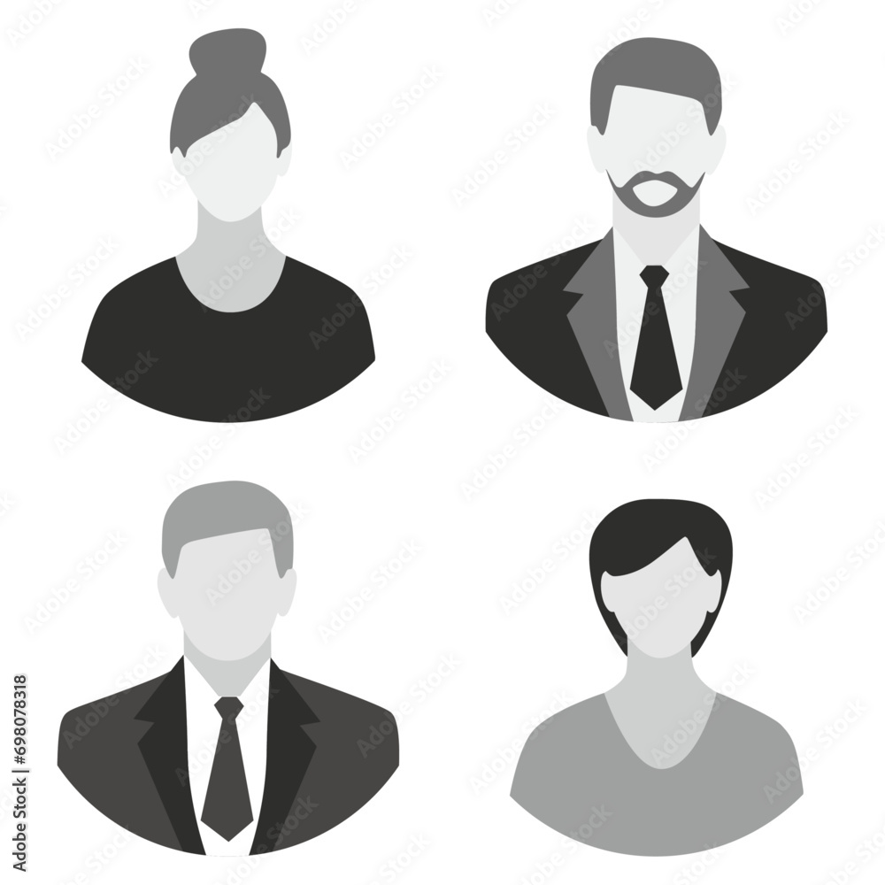 Vector flat illustration. Business profiles of two women and men. Avatar, user profile, person icon, profile picture. Suitable for social media profiles, icons, screensavers and as a template. Vector flat illustration. Business profiles of two women and men. Avatar, user profile, person icon, profile picture. Suitable for social media profiles, icons, screensavers and as a template.