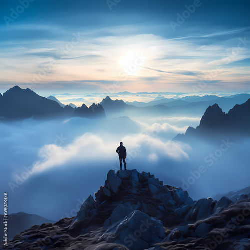 A solitary figure admiring the first light of dawn on a misty mountain summit. © Cao