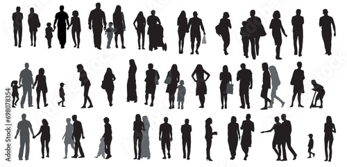 silhouette of family. silhouette of family collection or group Standing, playing, dancing, walking talking and posing on isolated white background.