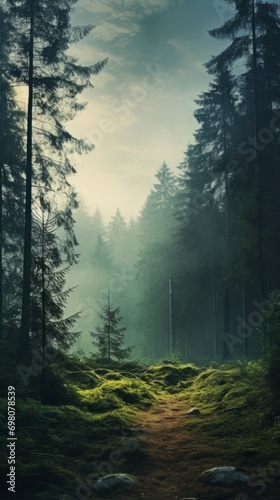 Foggy morning panorama of the forest covered with morning fog © ColdFire