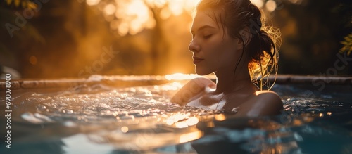 Gorgeous woman unwinding in hot tub during summer break.