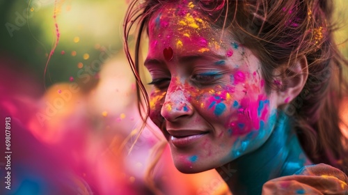 Holi day. Colored girl laughing at Holi festival. Holiday and recreation concept