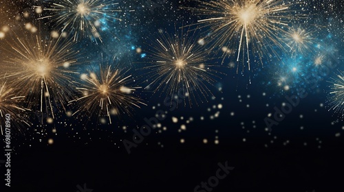 gold, black and blue sparkling background with fireworks. concept of  new year's eve