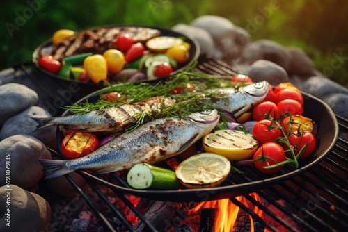 Appetizing grilled fish with grilled vegetables