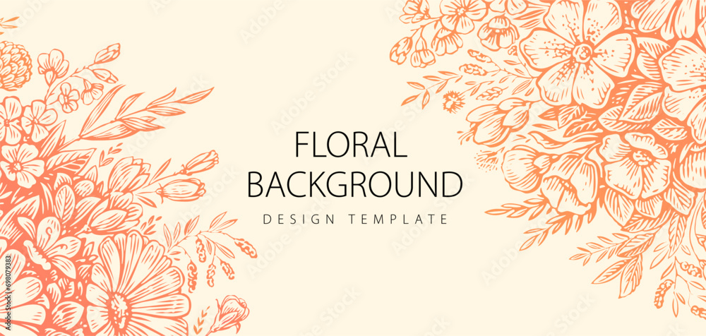 Hand drawn floral background with wildflowers and flowers, herbs, leaves. Design template for wedding invitation card - obrazy, fototapety, plakaty 