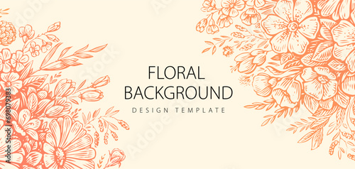 Hand drawn floral background with wildflowers and flowers, herbs, leaves. Design template for wedding invitation card