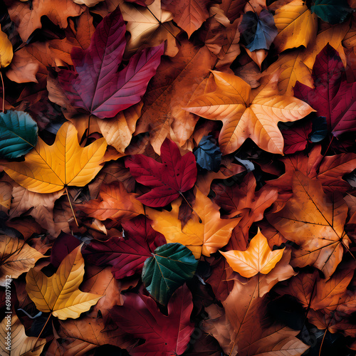 Leaves in brilliant autumn hues forming a natural tapestry on the forest floor.