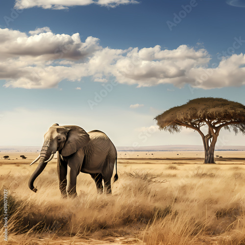 Lone elephant grazing on the vast plains of the African savannah