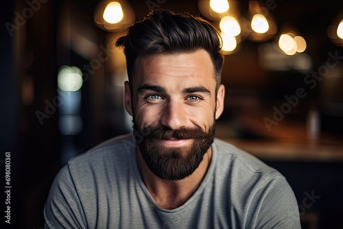 Confident and stylish young man with beard posing in studio, emitting a modern and fashionable vibe. © Iryna