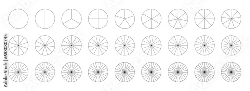Pie chart template. Segmented charts collection. Many number of sectors divide the circle on equal parts. Outline black graphics. Set of pizza charts. Vector segments infographic. Diagram wheel parts.