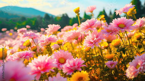 Tranquil Beauty of a Colorful Chrysanthemum Field in Sunlight