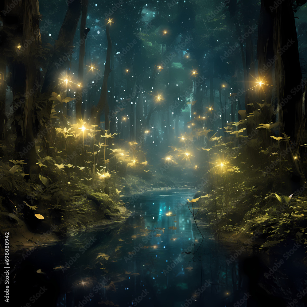 Mysterious forest illuminated by the soft glow of bioluminescent fireflies.