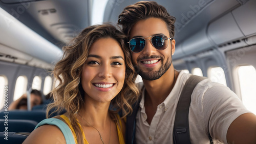 Happy tourists taking selfie on airplane - Cheerful couple on summer vacation, Passengers boarding plane, Fashionable technology lifestyle concept, © Perecciv
